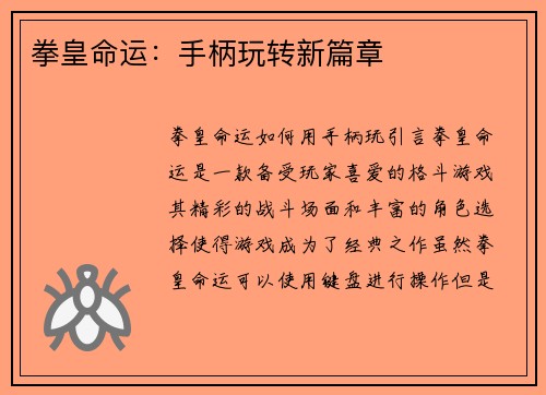 拳皇命运：手柄玩转新篇章