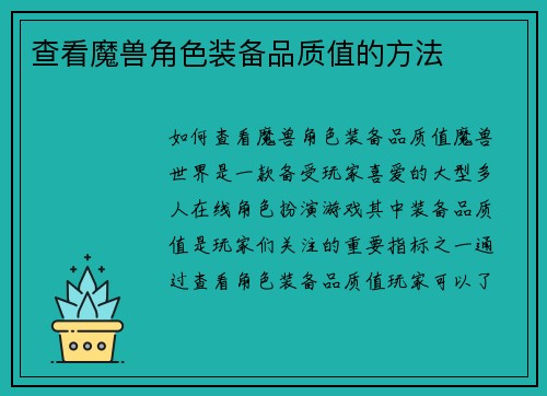 查看魔兽角色装备品质值的方法