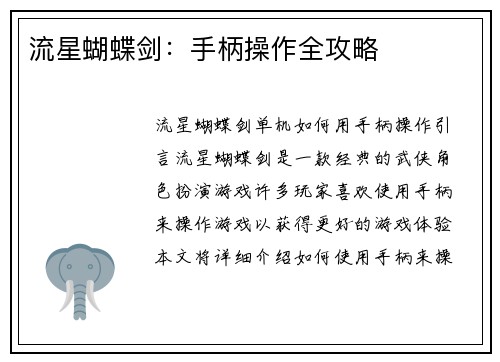 流星蝴蝶剑：手柄操作全攻略
