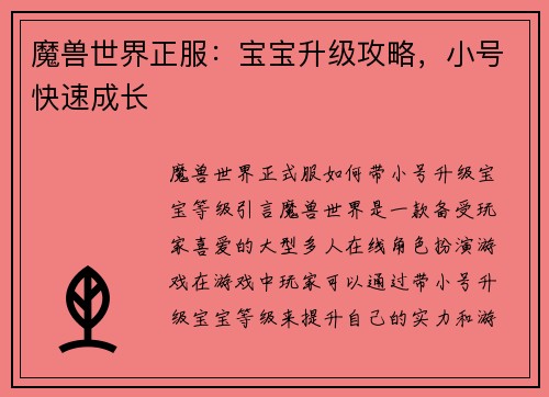 魔兽世界正服：宝宝升级攻略，小号快速成长
