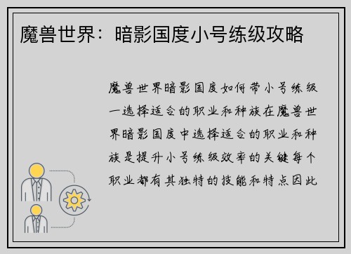魔兽世界：暗影国度小号练级攻略